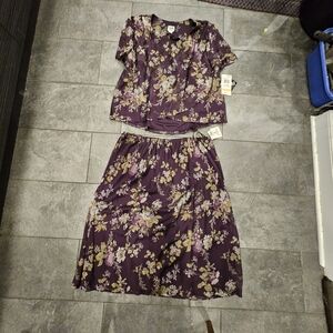 R&M Richards Woman 2PC Plum Floral Chiffon Top + Skirt Set NWT 24W Made USA